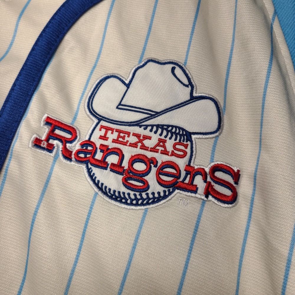 Texas Rangers MLB Cooperstown Collection Dynasty Jersey Pinstripe Blue Cream L